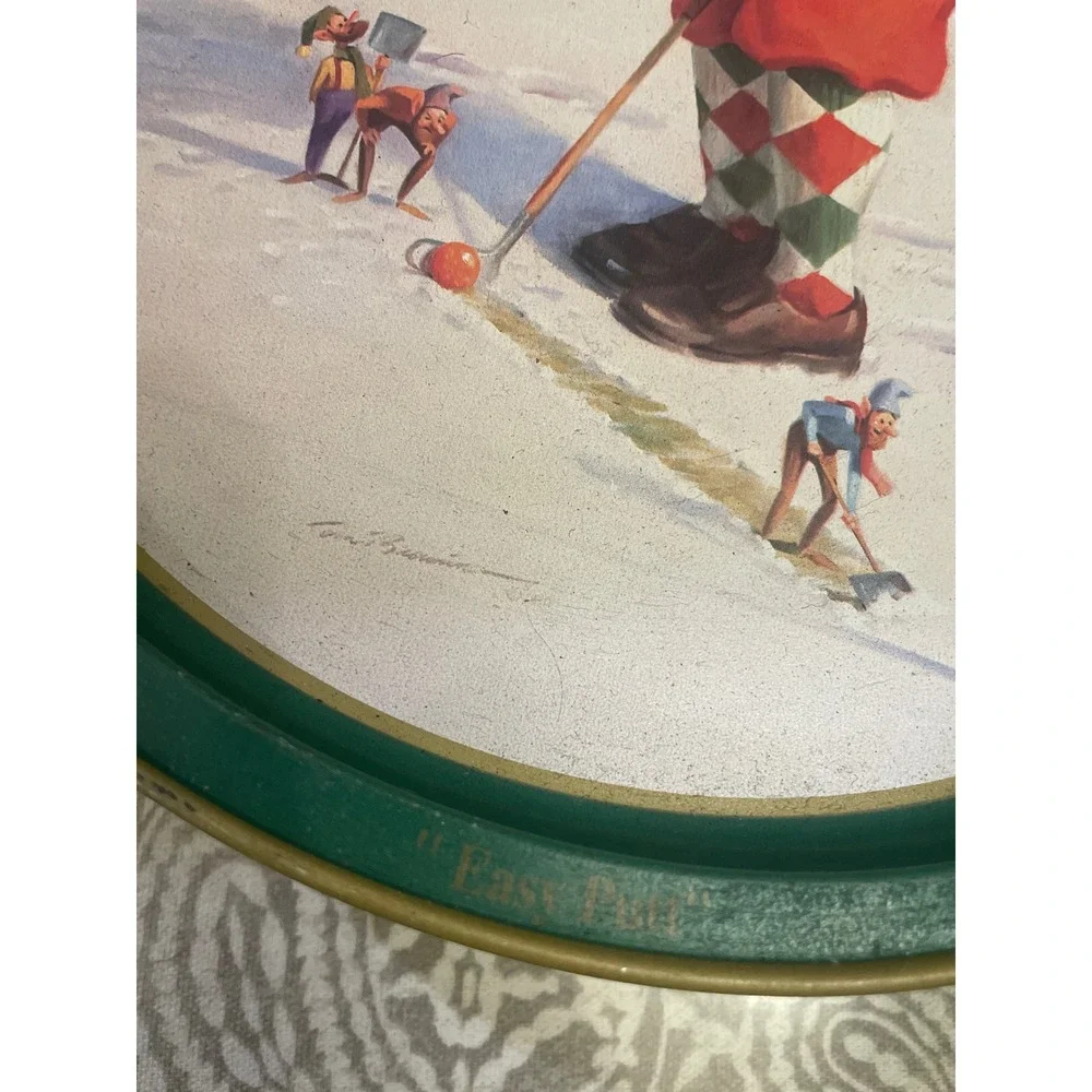 Vintage Easy Putt Santa Golfing Cookie Tin Tom Browning Christmas Decor Green